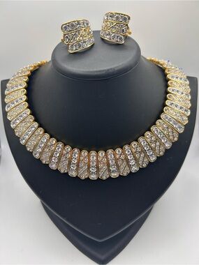 Butler gold tone rhinestone chunky chocker necklace & match clip earrings